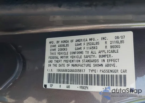 2008 Acura Tl 3.2 z USA, uszkodzony, nr VIN 19UUA66248A005817